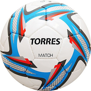 Мяч футб. "TORRES Match" арт.F31824, р.4, 32 панели. PU, 4 под. слоя, руч. сшив., бело-серебр-голуб.