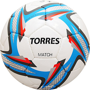 Мяч футб. "TORRES Match" арт.F31825, р.5, 32 панели. PU, 4 под. слоя, руч. сшив., бело-серебр-голуб.