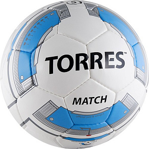 Мяч футб. "TORRES Match" арт.F30025, р.5, 32 панели. PU, 4 под. слоя, руч. сшив., бело-серебр-голуб.